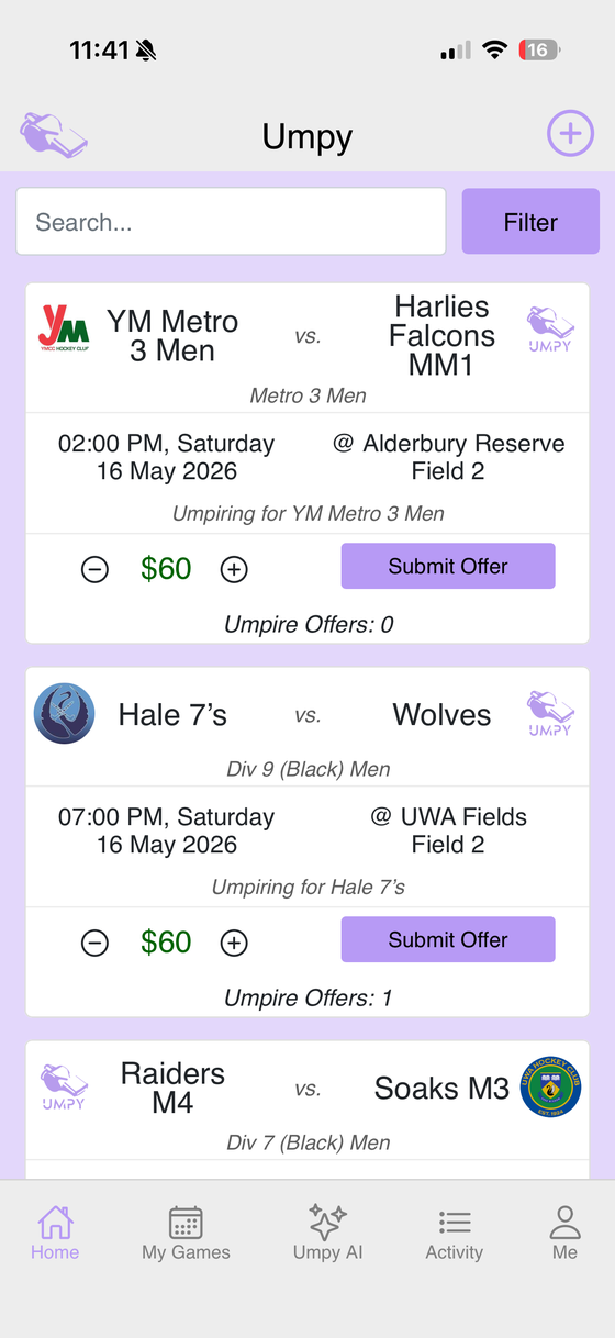 Umpy app showing available hockey games with venues, dates, offered fees and submit-offer buttons
